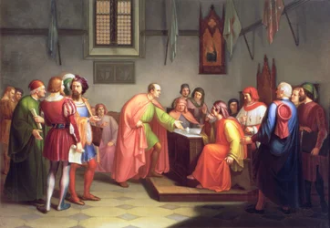 De Florentijnse architect Brunelleschi bewijst zijn theorie over de bouw van de kathedraalkoepel met behulp van een ei